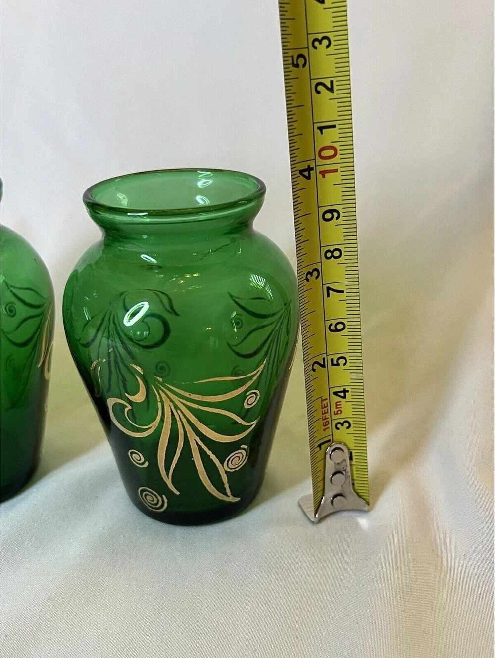 Vintage Anchor Hocking Emerald Green Gold Gilded Mini Vase X 2